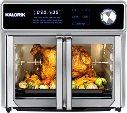 Kalorik Air Fryer Oven Grill MAXX Series 26-Quart with Smokeless Sear Technology Digital Controls Easy-View Door and 22 Smart Cooking Presets, Includes Cooking Accessories, 1700-Watts, Stainless Steel