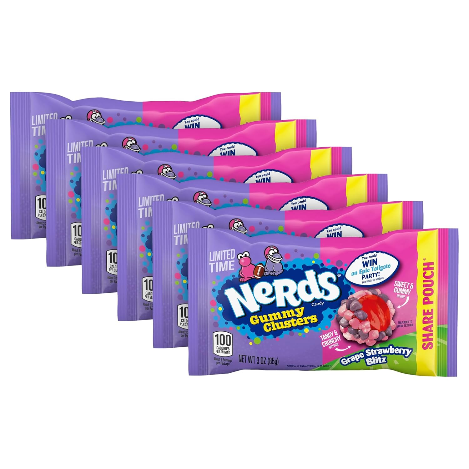 11tKJJsf1L._SL1500_.jpg Gummy Clusters Candy – Grape & Strawberry Blitz – Limited Edition – Chewy Fruity Center with Tangy Crunch – Share Pouch, 3 oz Bags, Pack of 6 – Halloween Candy Bowl Favorite - Image 1