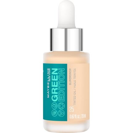 Maybelline Green Edition Superdrop Tinted Oil Base Makeup, Adjustable Natural Coverage Foundation Formulated With Jojoba & Marula Oil, 25, 1 Count