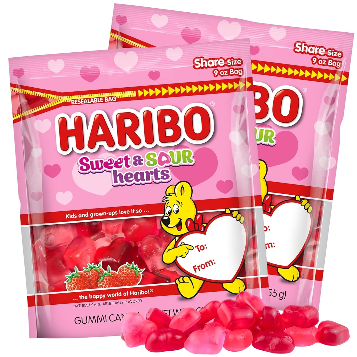 418IVQUDI7L._SL1500_.jpg Valentine's Day Sweet and Sour Gummy Hearts, Bulk Strawberry Flavored Candy, Resealable Share Size Bag, 9 Ounces (Pack of 2) - Image 1