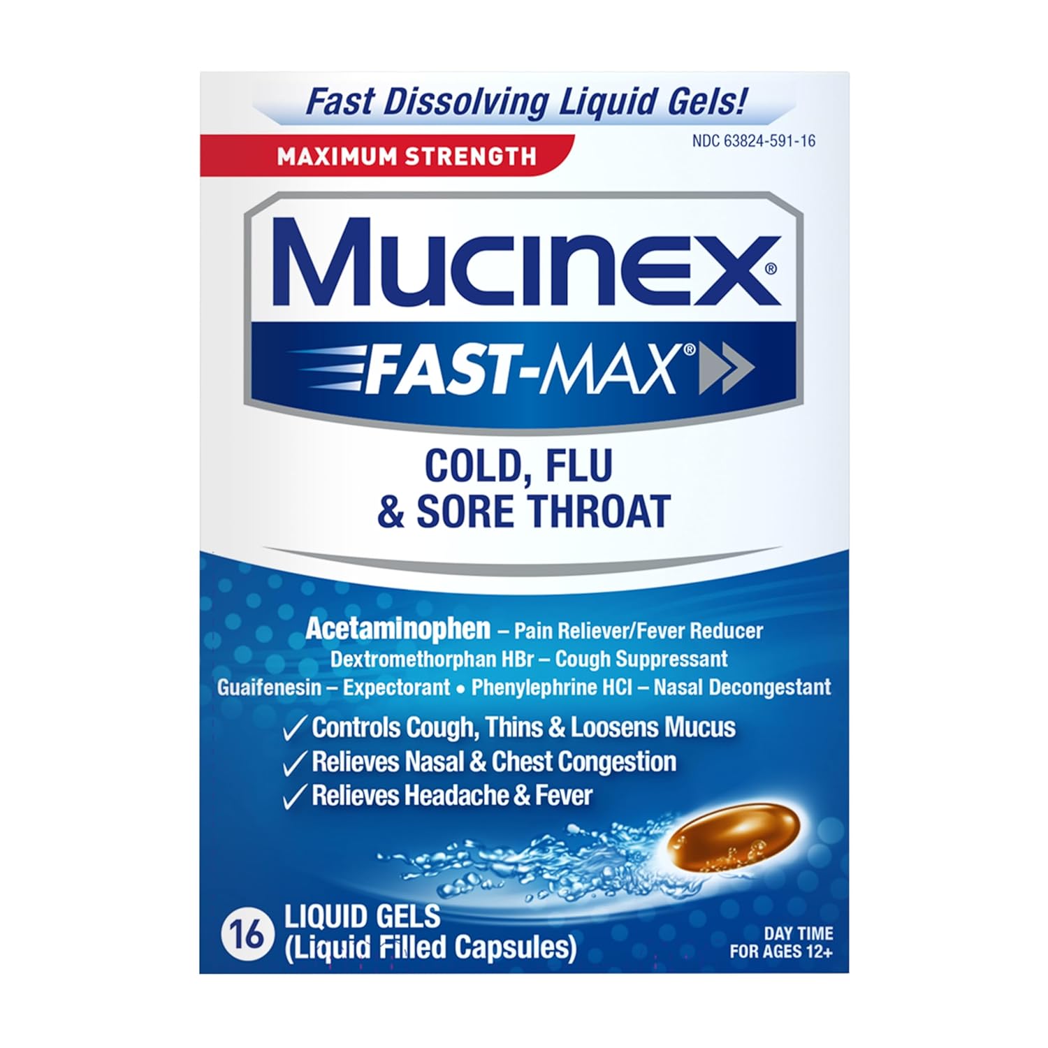 41YVKZoo9ML._SL1500_.jpg Mucinex Fast-Max Maximum Strength Cold, Flu & Sore Throat, Multi-Symptom Relief, Pain Reliever, Fever Reducer, Cough Suppressant, Expectorant, Nasal Decongestant, 16 Liquid Gels - Image 1