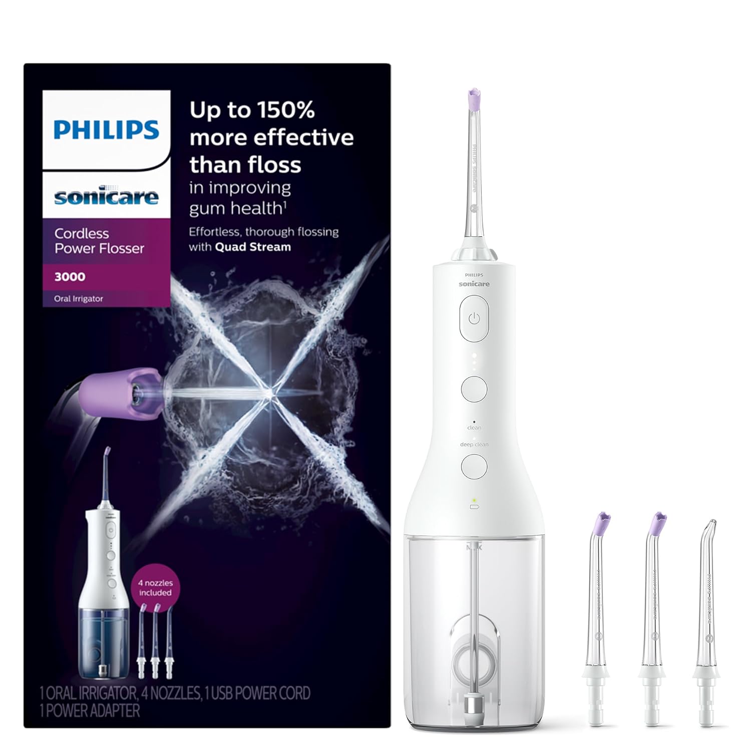 41daw-9q2qL._SL1500_.jpg Philips Sonicare Cordless Power Flosser 3000 + 2 Additional Nozzles (4 Total) White, HX3827/21 - Image 1