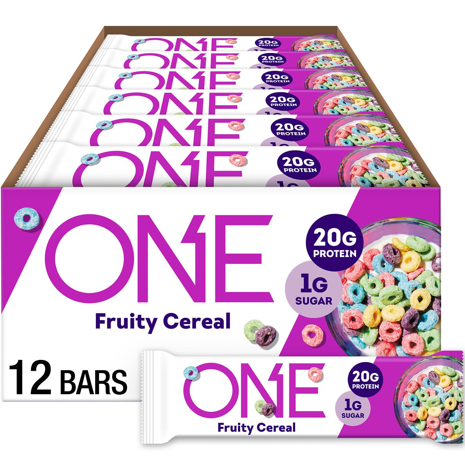 Version 1.0.0 ONE Protein Bars, Fruity Cereal, Gluten Free with 20g Protein and 1g Sugar, Pantry Staples, 2.12 oz (12 Count), Packaging May Vary - Image 1