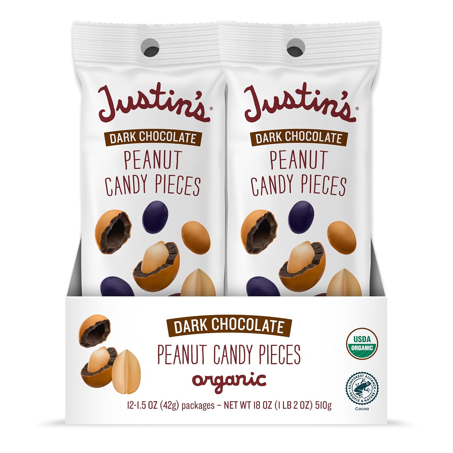 41tj3bK1n6L._SL1500_.jpg Justin's Dark Chocolate Peanut Candy Pieces 12pk of 1.5oz bags Organic, Gluten Free, Non-GMO, Responsibly Source, Rainforest Alliance Certified Cocoa - Image 1