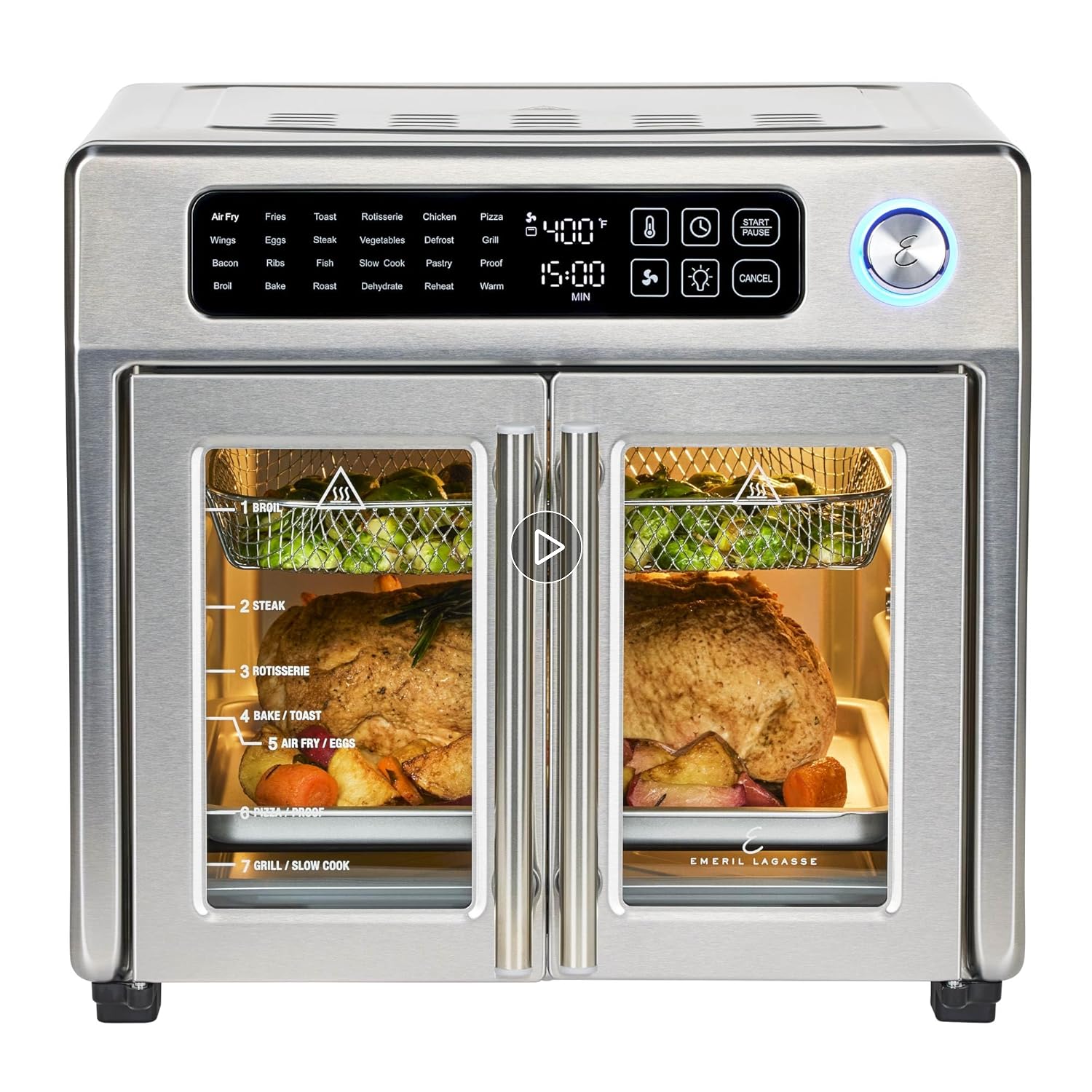 51Vnh0Qq8xL.SS125_PKplay-button-mb-image-grid-small_.jpg Emeril Lagasse Extra Large French Door Air Fryer Toaster Oven Combo, 24 Cooking Functions and Digital Controls, 7 Accessories Included, Stainless Steel Finish, 26QT Capacity - Image 1