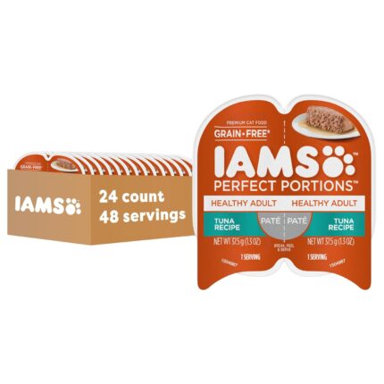 IAMS Perfect Portions Healthy Adult Grain Free Wet Cat Food Pate, Tuna Recipe, 2.6 oz. Easy Peel Twin-Pack Trays (24 Count, 48 Servings)