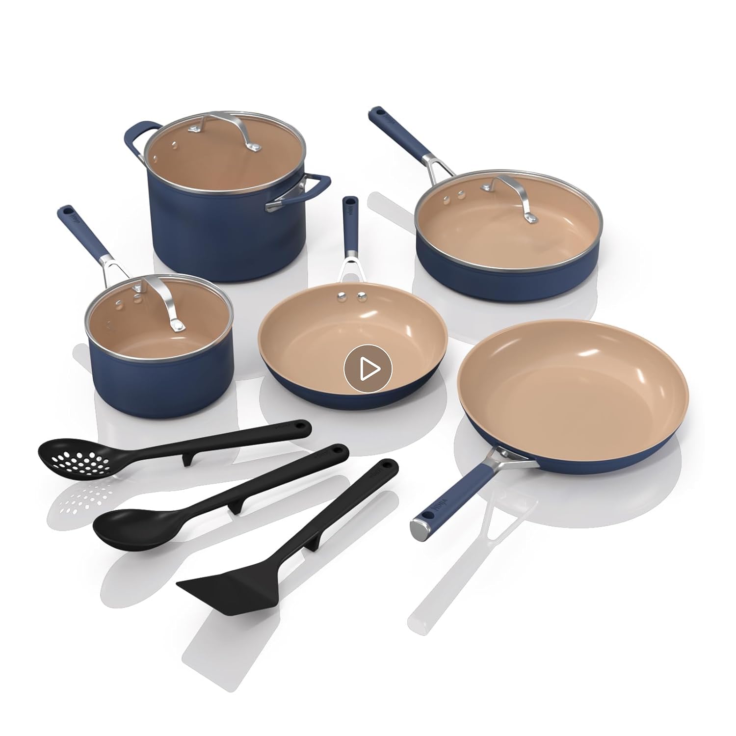 71bBcVWi1JL.SS125_PKplay-button-mb-image-grid-small_.jpg Ninja Ceramic Cookware Set, Extended Life 11-Piece Kitchen Cookware Sets with Comfort Grip, Nonstick Fry Pans, Pots, PTFE Free, Oven & Dishwasher Safe, Stovetop Compatible, Navy Blue, CW49011 - Image 1